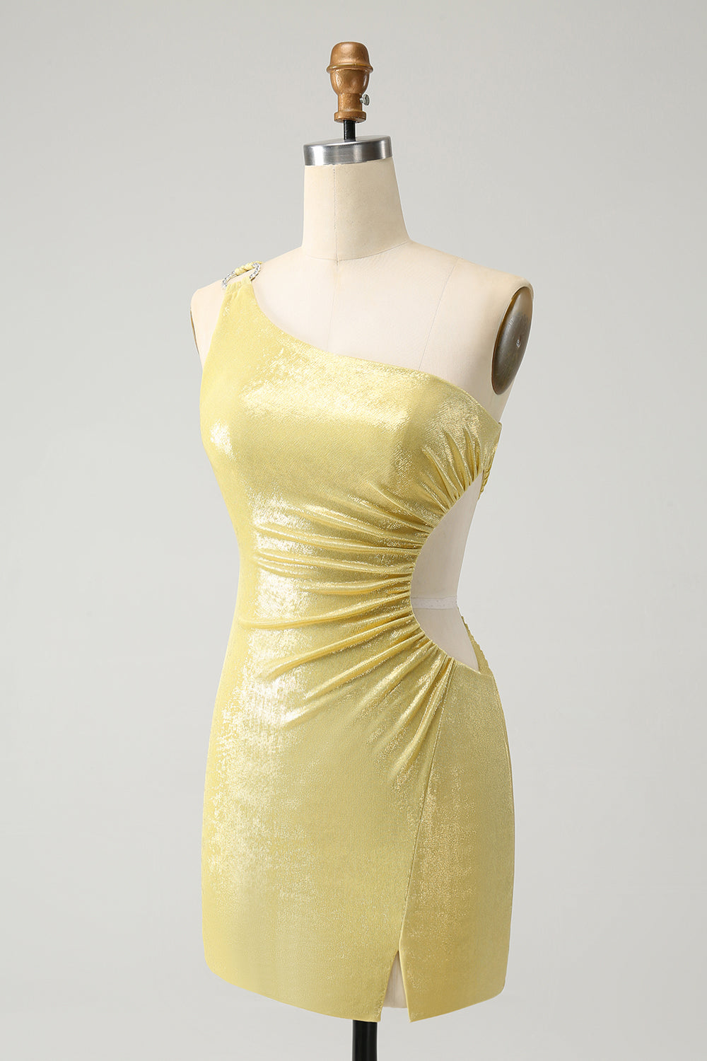 Sparkly Yellow Bodycon One Shoulder Hollow Out Pleated Short Homecoming Dress