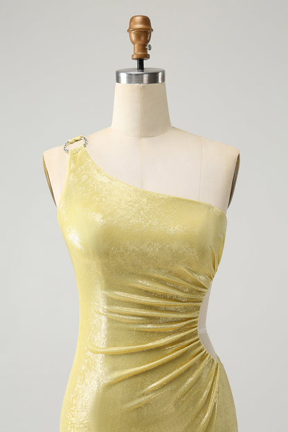 Sparkly Yellow Bodycon One Shoulder Hollow Out Pleated Short Homecoming Dress