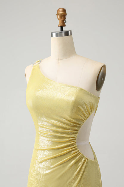 Sparkly Yellow Bodycon One Shoulder Hollow Out Pleated Short Homecoming Dress