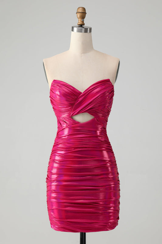 Chic Strapless Keyhole Pleated Fuchsia Tight Homecoming Dress