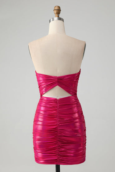 Chic Strapless Keyhole Pleated Fuchsia Tight Homecoming Dress