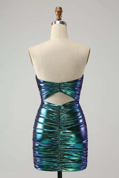 Chic Teal Blue Strapless Keyhole Pleated Tight Homecoming Dress