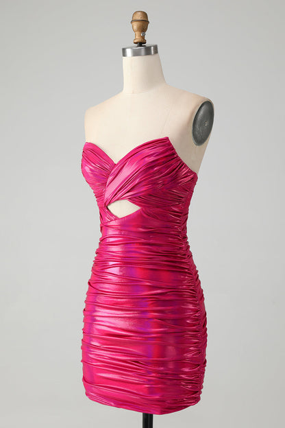 Chic Strapless Keyhole Pleated Fuchsia Tight Homecoming Dress