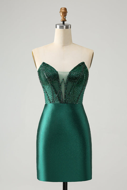 Classy Sparkly Dark Green Tight Strapless Short Homecoming Dress with Beading