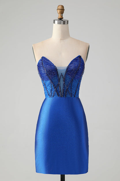 Classy Sparkly Royal Blue Tight Strapless Short Homecoming Dress with Beading