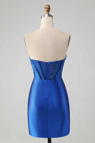 Classy Sparkly Royal Blue Tight Strapless Short Homecoming Dress with Beading