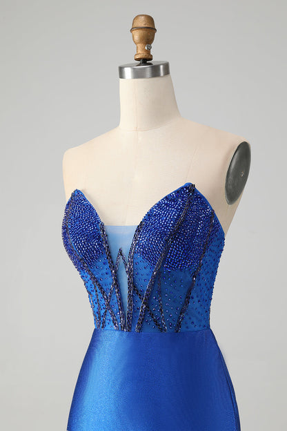 Classy Sparkly Royal Blue Tight Strapless Short Homecoming Dress with Beading