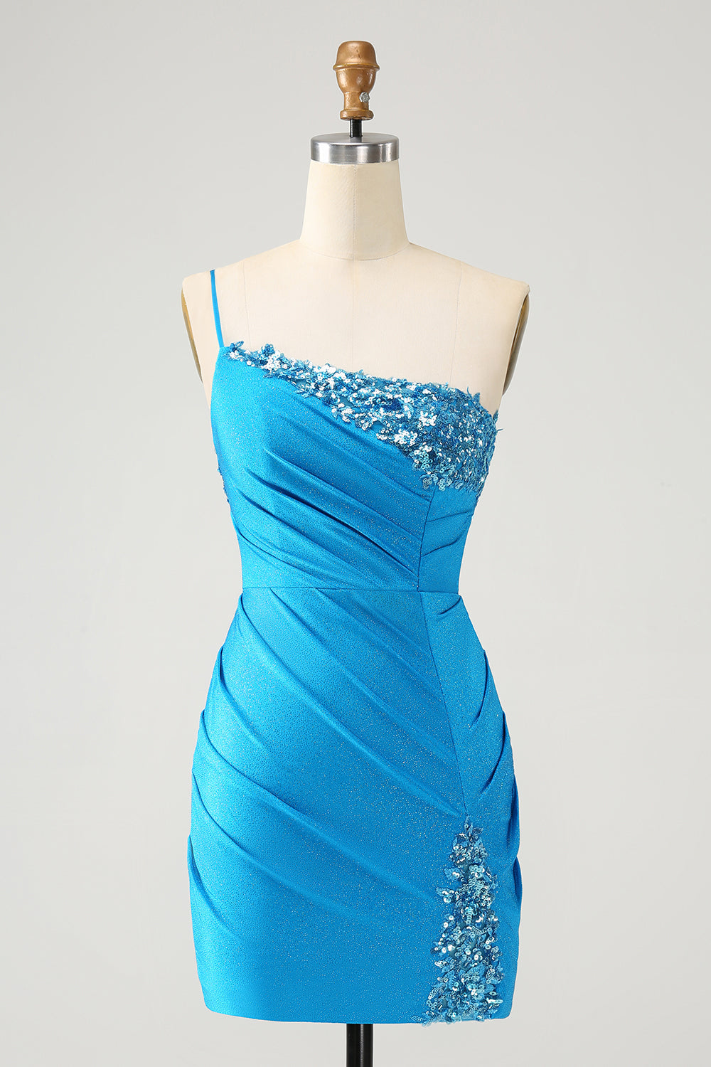 Sparkly Blue Bodycon One Shoulder Pleated Short Homecoming Dress with Sequins