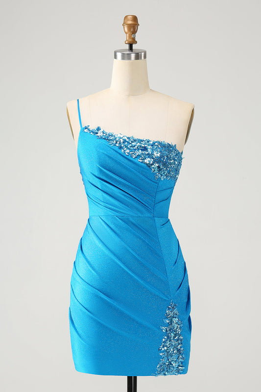 Sparkly Blue Bodycon One Shoulder Pleated Short Homecoming Dress with Sequins