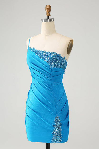 Sparkly Blue Bodycon One Shoulder Pleated Short Homecoming Dress with Sequins