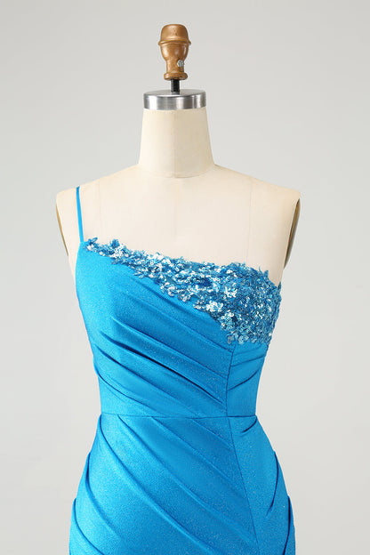 Sparkly Blue Bodycon One Shoulder Pleated Short Homecoming Dress with Sequins