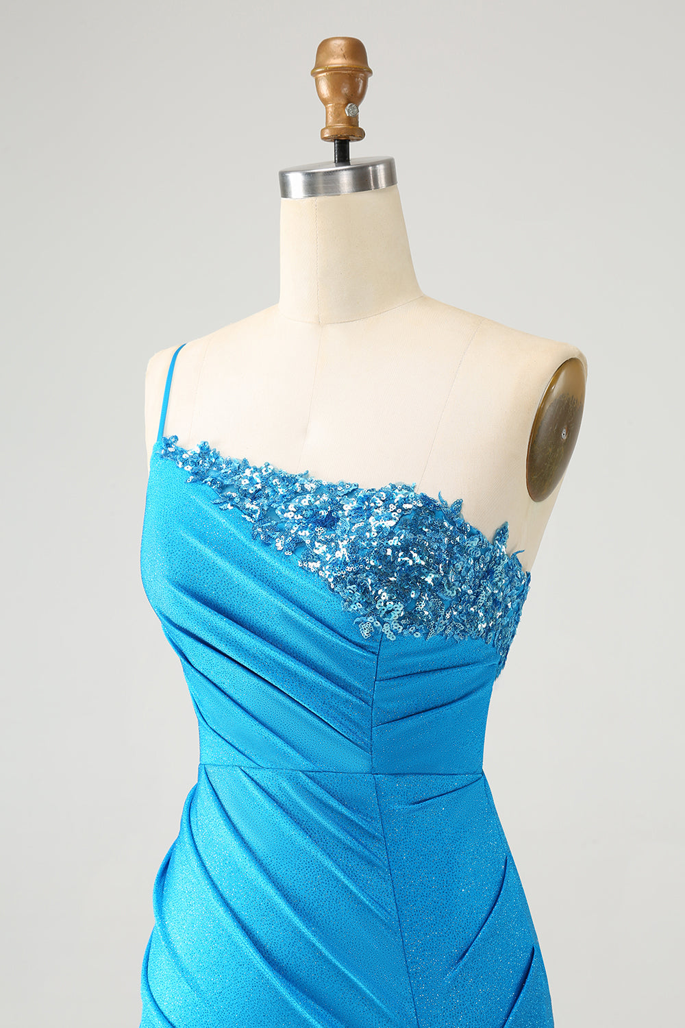 Sparkly Blue Bodycon One Shoulder Pleated Short Homecoming Dress with Sequins