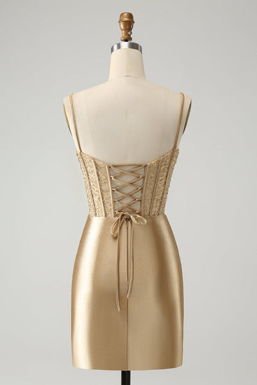 Classy Gold Bodycon Corset Short Homecoming Dress with Lace Up Back