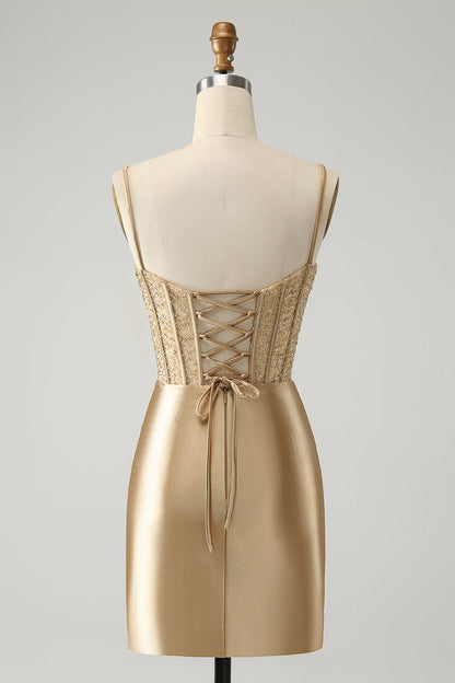 Classy Gold Bodycon Corset Short Homecoming Dress with Lace Up Back