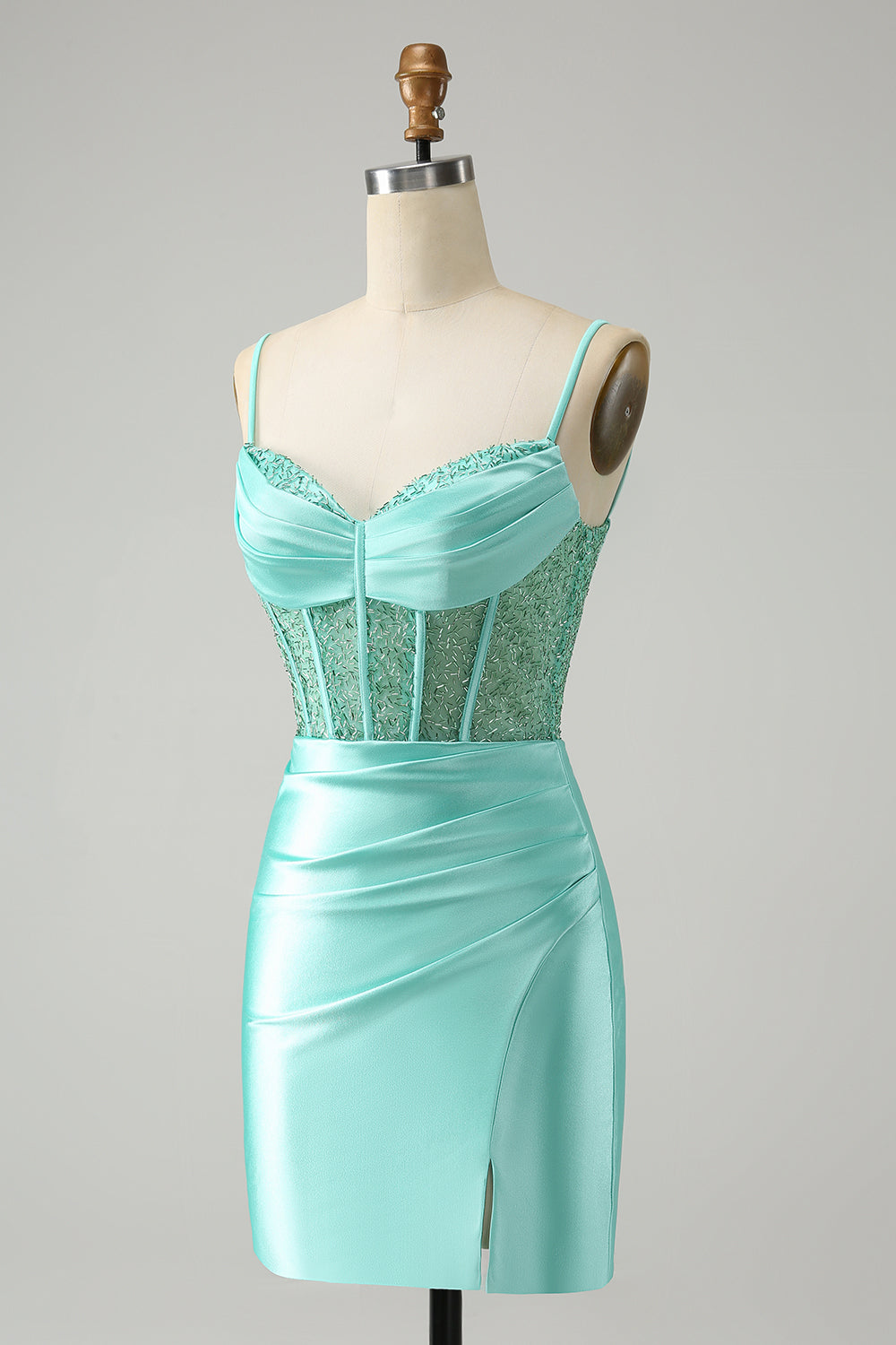 Stylish Light Green Bodycon Lace Up Back Corset Short Homecoming Dress with Slit