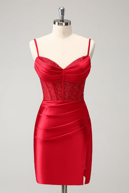 Stylish Red Bodycon Spaghetti Straps Corset Short Homecoming Dress with Lace Up Back