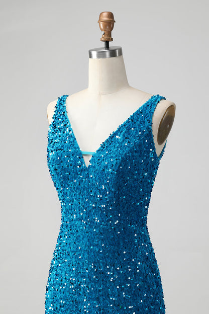 Glitter Dark Blue Tight Spaghetti Straps Sequin Short Homecoming Dress with Tassels