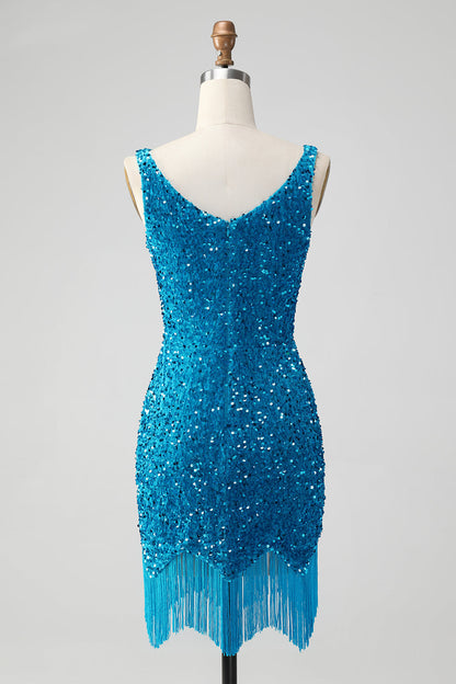 Sparkly Sage Bodycon Spaghetti Straps Sequin Short Homecoming Dress with Tassels