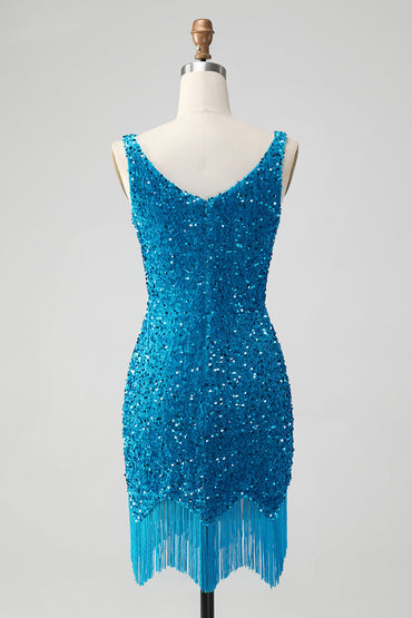 Glitter Dark Blue Tight Spaghetti Straps Sequin Short Homecoming Dress with Tassels