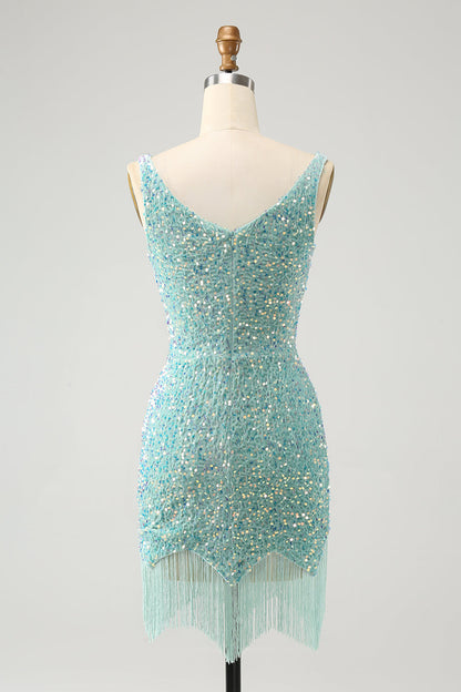 Sparkly Sage Bodycon Spaghetti Straps Sequin Short Homecoming Dress with Tassels