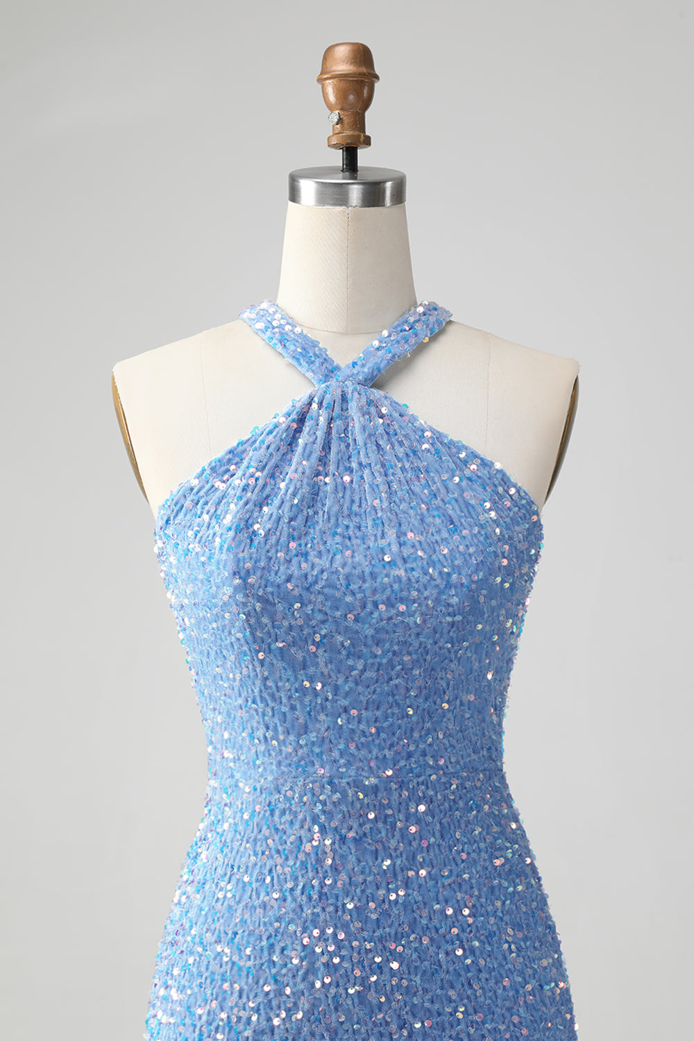 Sparkly Blue Bodycon Halter Sequin Short Homecoming Dress with Tassels