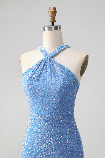 Glitter Lilac Bodycon Halter Sequin Short Homecoming Dress with Tassels