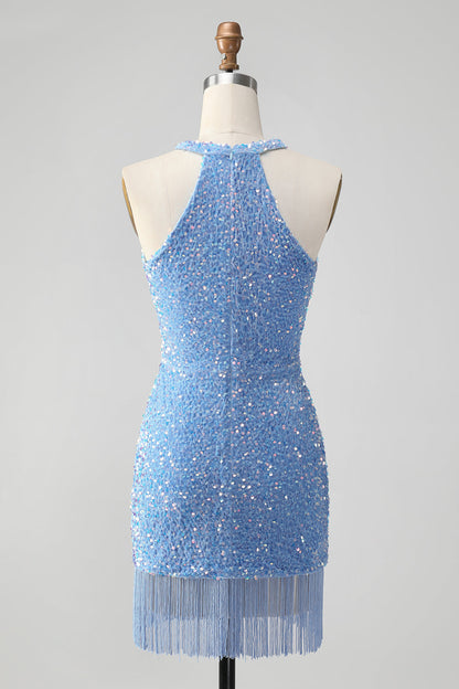 Sparkly Blue Bodycon Halter Sequin Short Homecoming Dress with Tassels