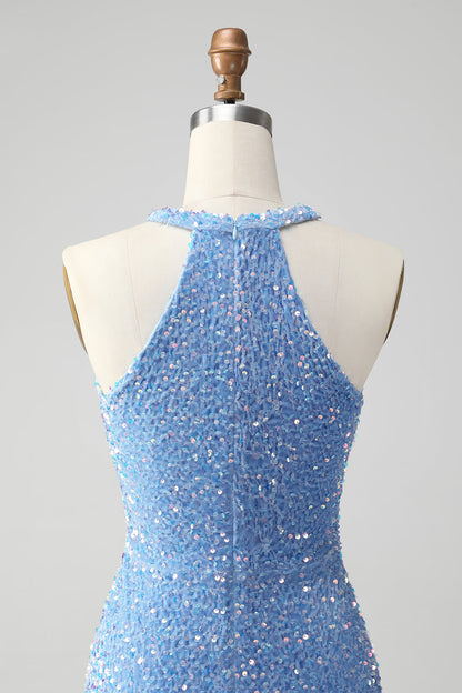 Sparkly Royal Blue Bodycon Halter Sequin Short Homecoming Dress with Tassels