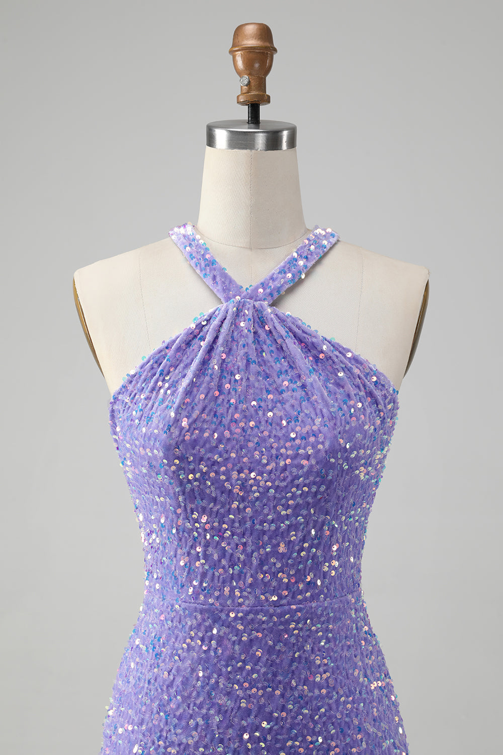 Sparkly Lilac Bodycon Halter Sequin Short Homecoming Dress with Tassels