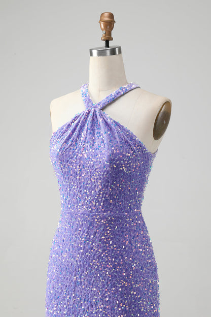 Sparkly Lilac Bodycon Halter Sequin Short Homecoming Dress with Tassels