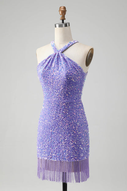 Sparkly Lilac Bodycon Halter Sequin Short Homecoming Dress with Tassels