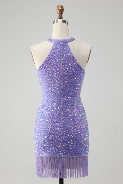 Sparkly Lilac Bodycon Halter Sequin Short Homecoming Dress with Tassels