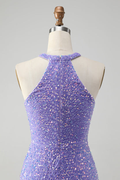 Sparkly Lilac Bodycon Halter Sequin Short Homecoming Dress with Tassels