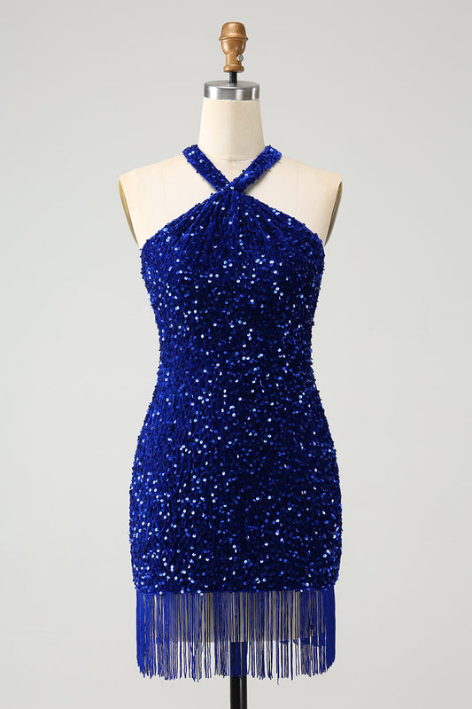 Sparkly Royal Blue Bodycon Halter Sequin Short Homecoming Dress with Tassels