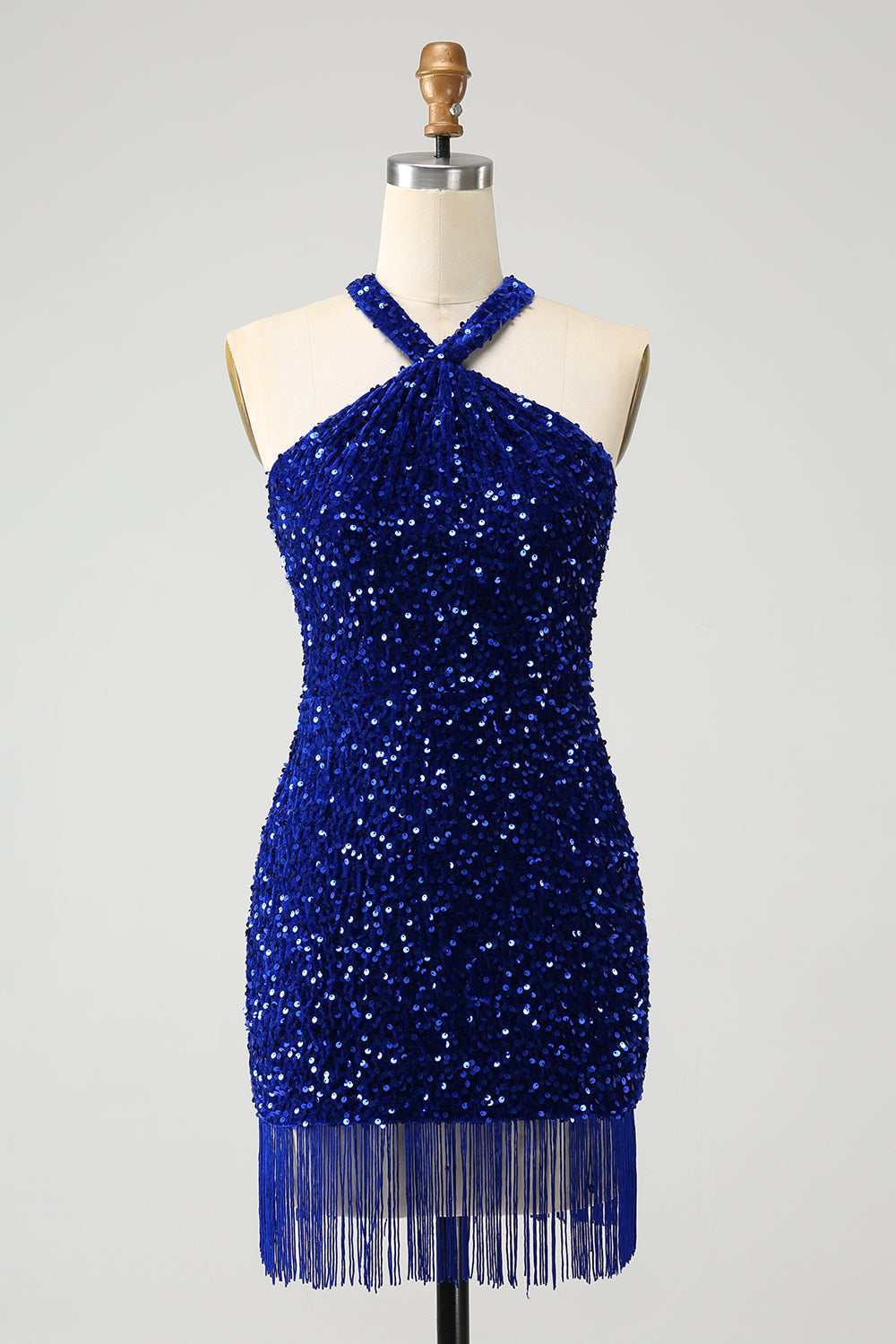 Sparkly Blue Bodycon Halter Sequin Short Homecoming Dress with Tassels