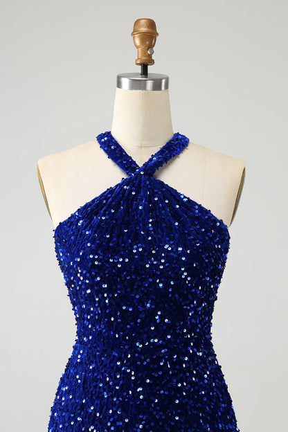 Sparkly Royal Blue Bodycon Halter Sequin Short Homecoming Dress with Tassels