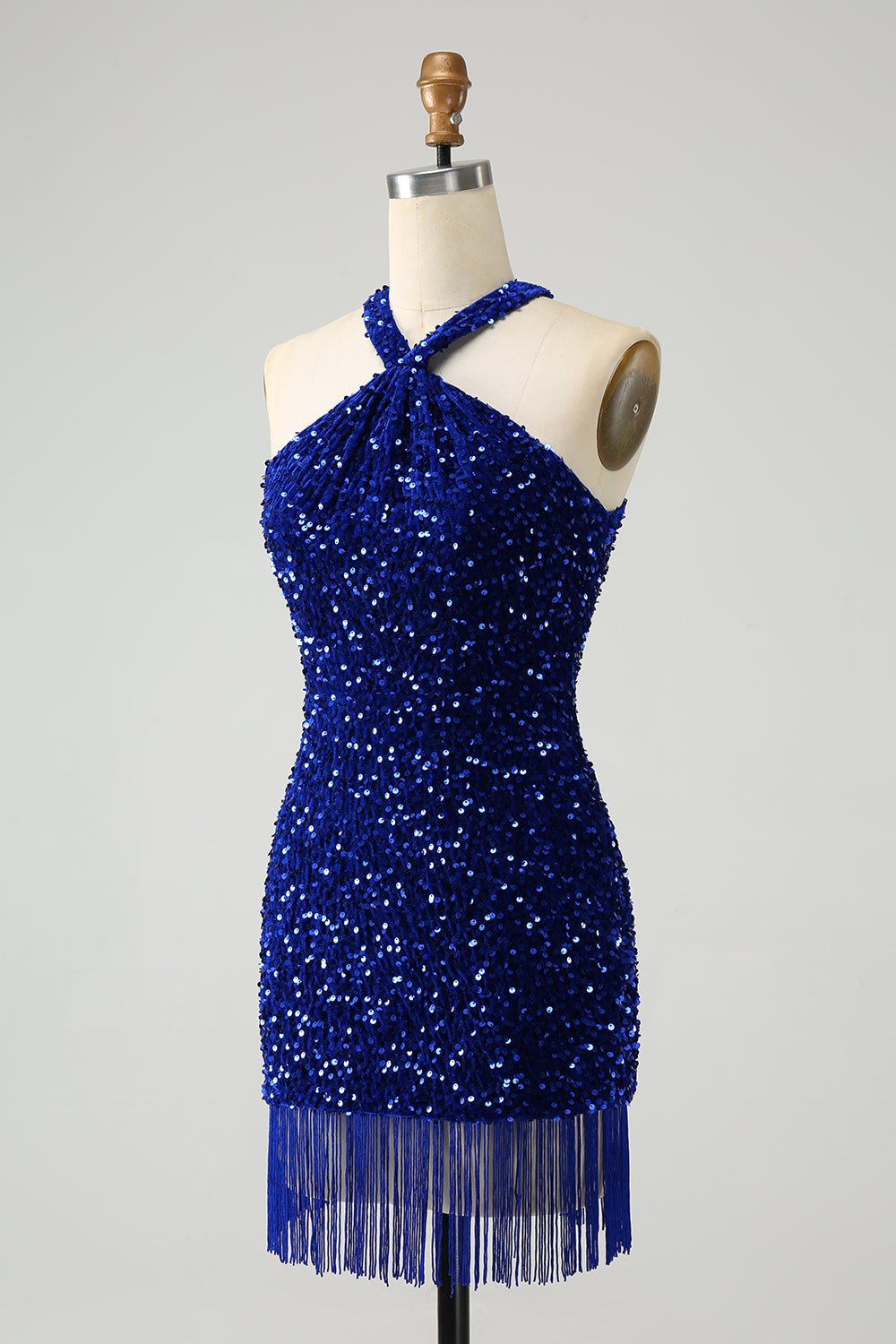 Sparkly Royal Blue Bodycon Halter Sequin Short Homecoming Dress with Tassels