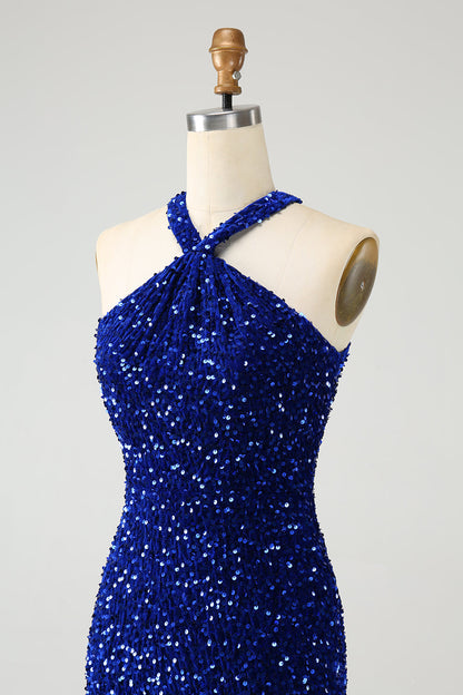 Sparkly Royal Blue Bodycon Halter Sequin Short Homecoming Dress with Tassels