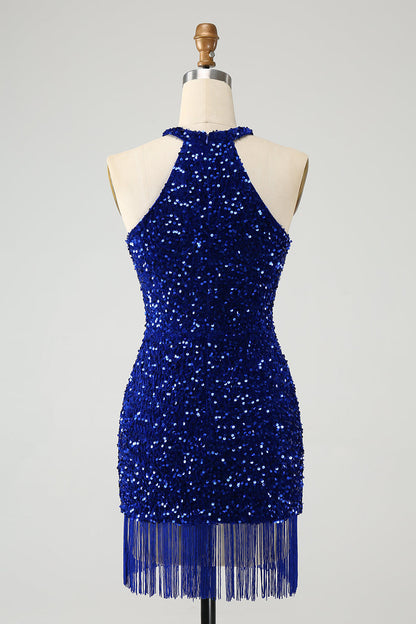 Sparkly Royal Blue Bodycon Halter Sequin Short Homecoming Dress with Tassels