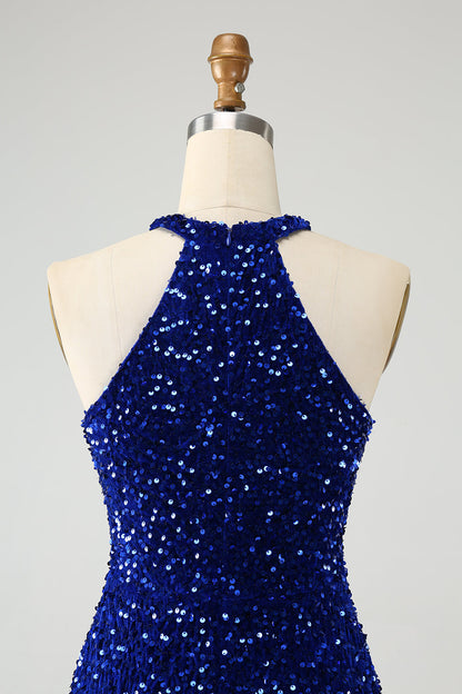 Sparkly Blue Bodycon Halter Sequin Short Homecoming Dress with Tassels