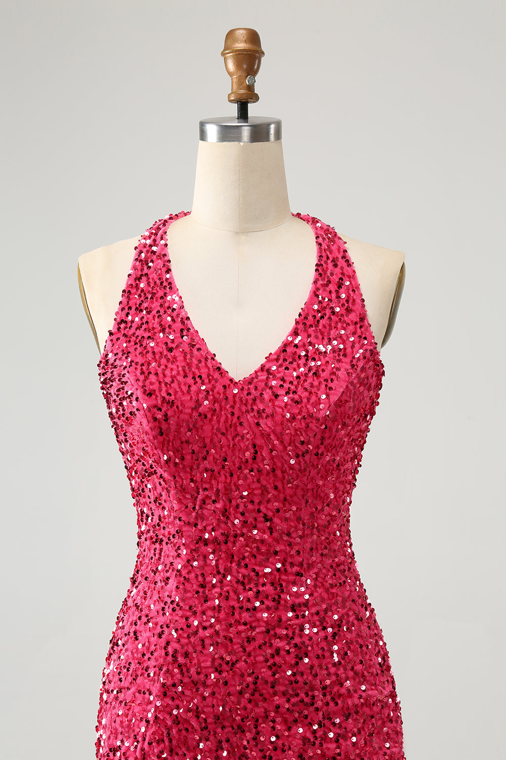 Sparkly Fuchsia Bodycon Halter Sequin Short Homecoming Dress with Tassels