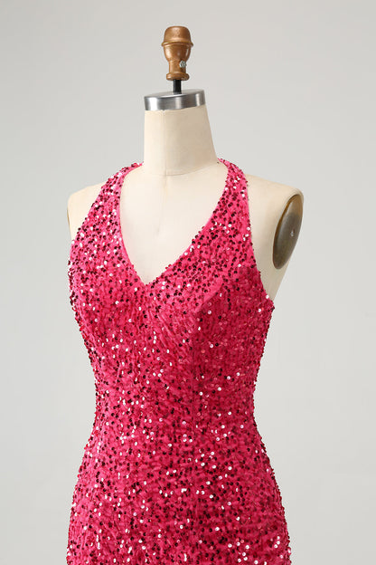 Sparkly Fuchsia Bodycon Halter Sequin Short Homecoming Dress with Tassels