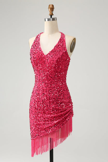 Sparkly Fuchsia Bodycon Halter Sequin Short Homecoming Dress with Tassels