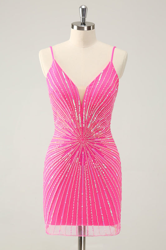 Unique Glitter Tight Backless Hot Pink Short Homecoming Dress with Sequins