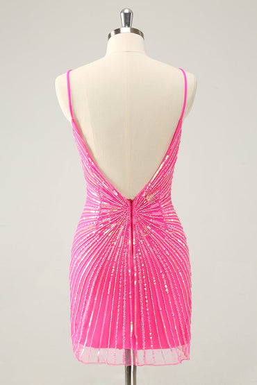 Unique Glitter Tight Backless Hot Pink Short Homecoming Dress with Sequins