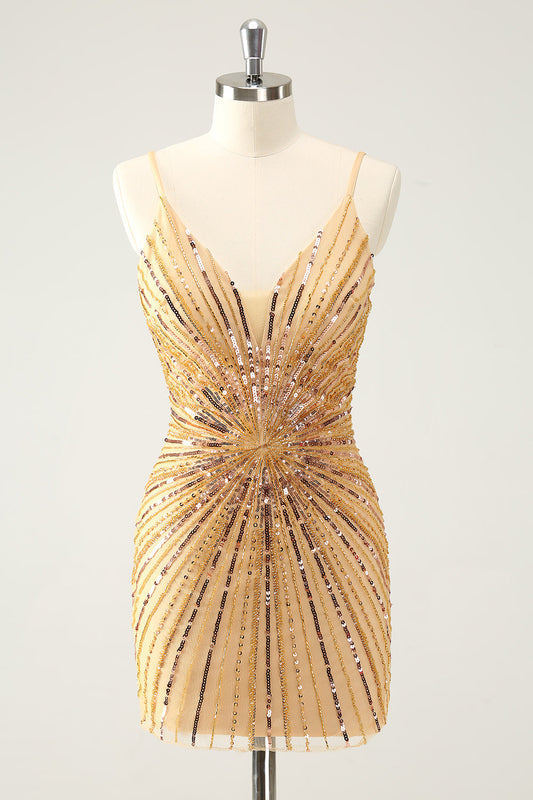 Unique Tight Spaghetti Straps Backless Golden Short Homecoming Dress with Sequins