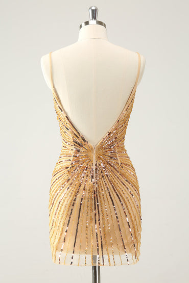 Unique Tight Spaghetti Straps Backless Golden Short Homecoming Dress with Sequins