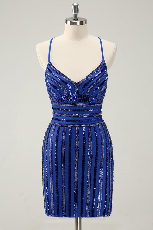 Stylish Sparkly Royal Blue Tight Lace Up Back Sequin Homecoming Dress with Beading