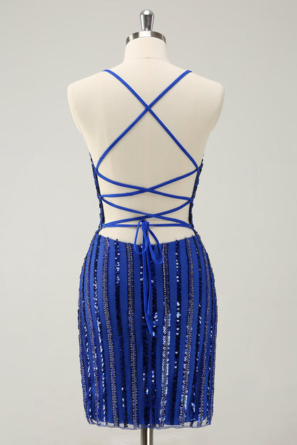 Stylish Sparkly Royal Blue Tight Lace Up Back Sequin Homecoming Dress with Beading