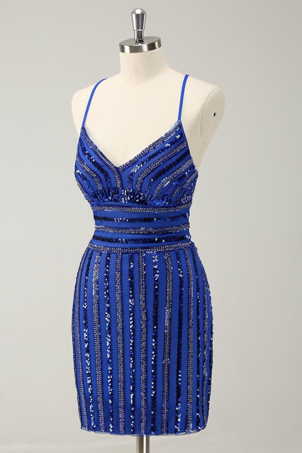 Stylish Sparkly Royal Blue Tight Lace Up Back Sequin Homecoming Dress with Beading